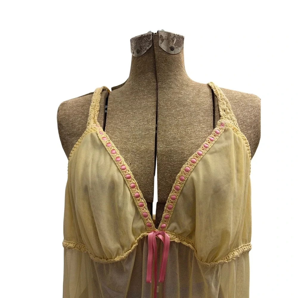 Babydoll Chemise Coquette Fairycore Cacique Women 18/20 Yellow Mesh Ruffle Trim